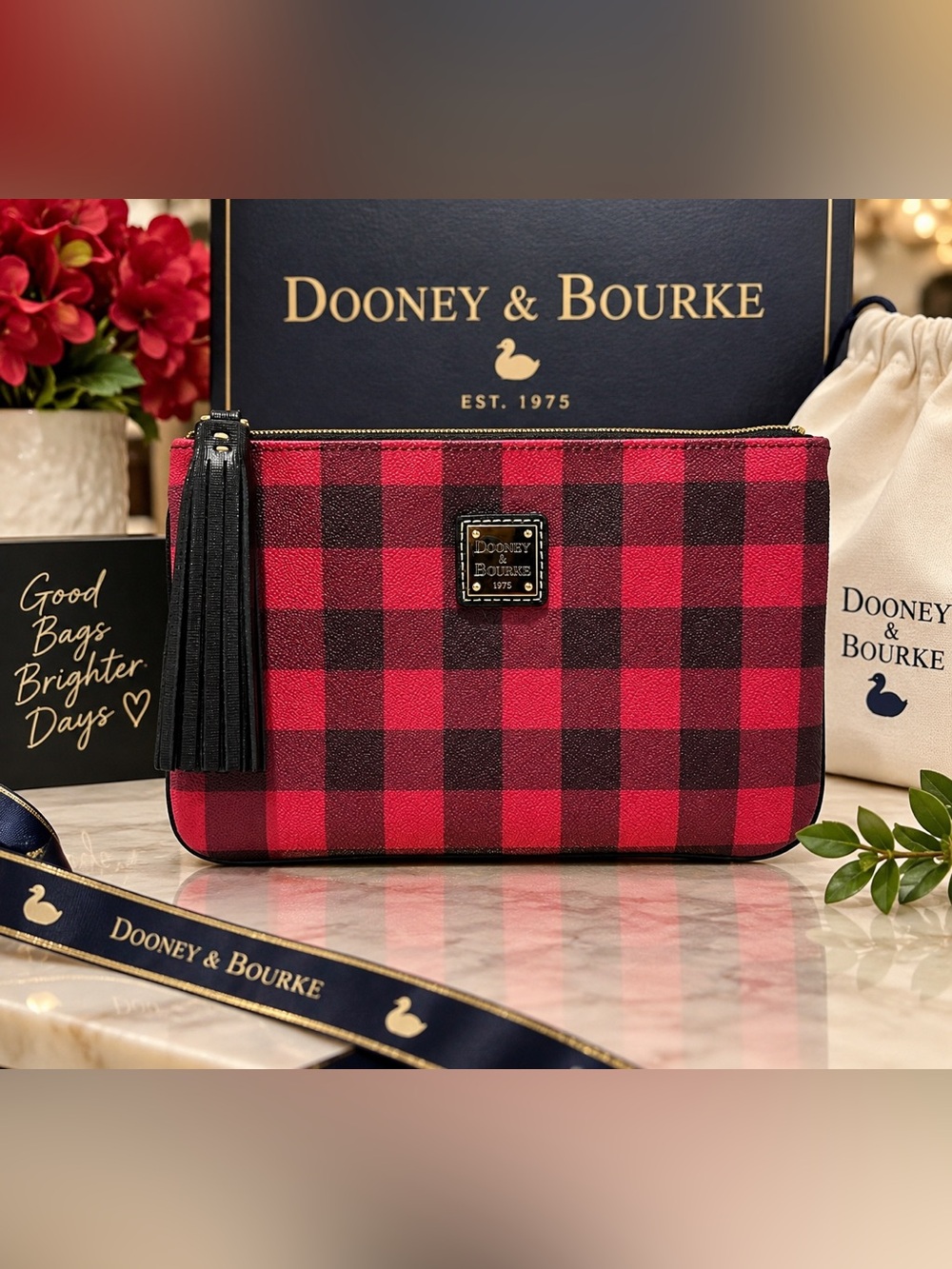 NWOT Dooney & Bourke Tucker Carrington Pouch Red Black Buffalo Plaid Clutch